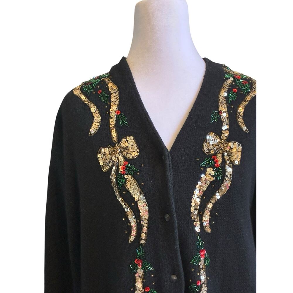VTG 90s Black Silk Christmas Cardigan Sequin Beaded Jewels Luxury Plus Sz 2X - Picture 6 of 16